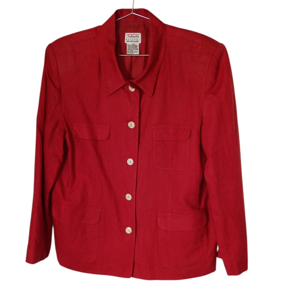 Talbots Vintage Red 100% Irish Linen Button Front Blazer Jacket Pockets 16P